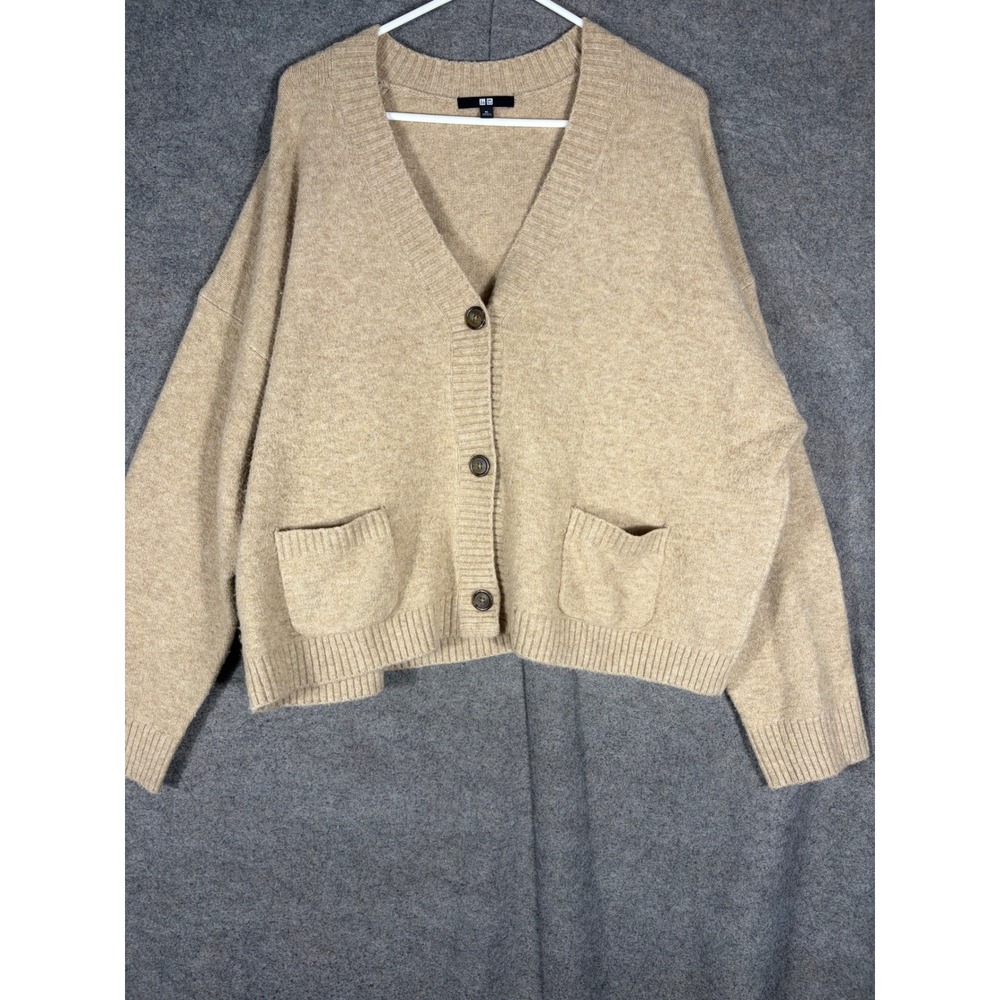 Uniqlo Womens XL Tan Beige Souffle Yarn V-Neck Boxy Knit Cardigan 251-478339